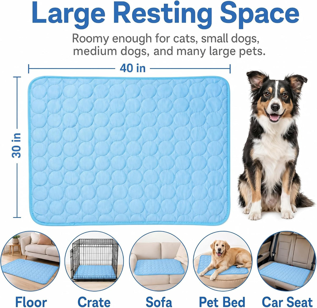 Dog Cooling Mat, 40'' × 30'' Self Cooling Pad for Dogs and Cats, No Water Gel or Freezing Needed, Washable Breathable Summer Mat for Crate Kennel Car Sofa Bed Floor, Indoor Outdoor Use