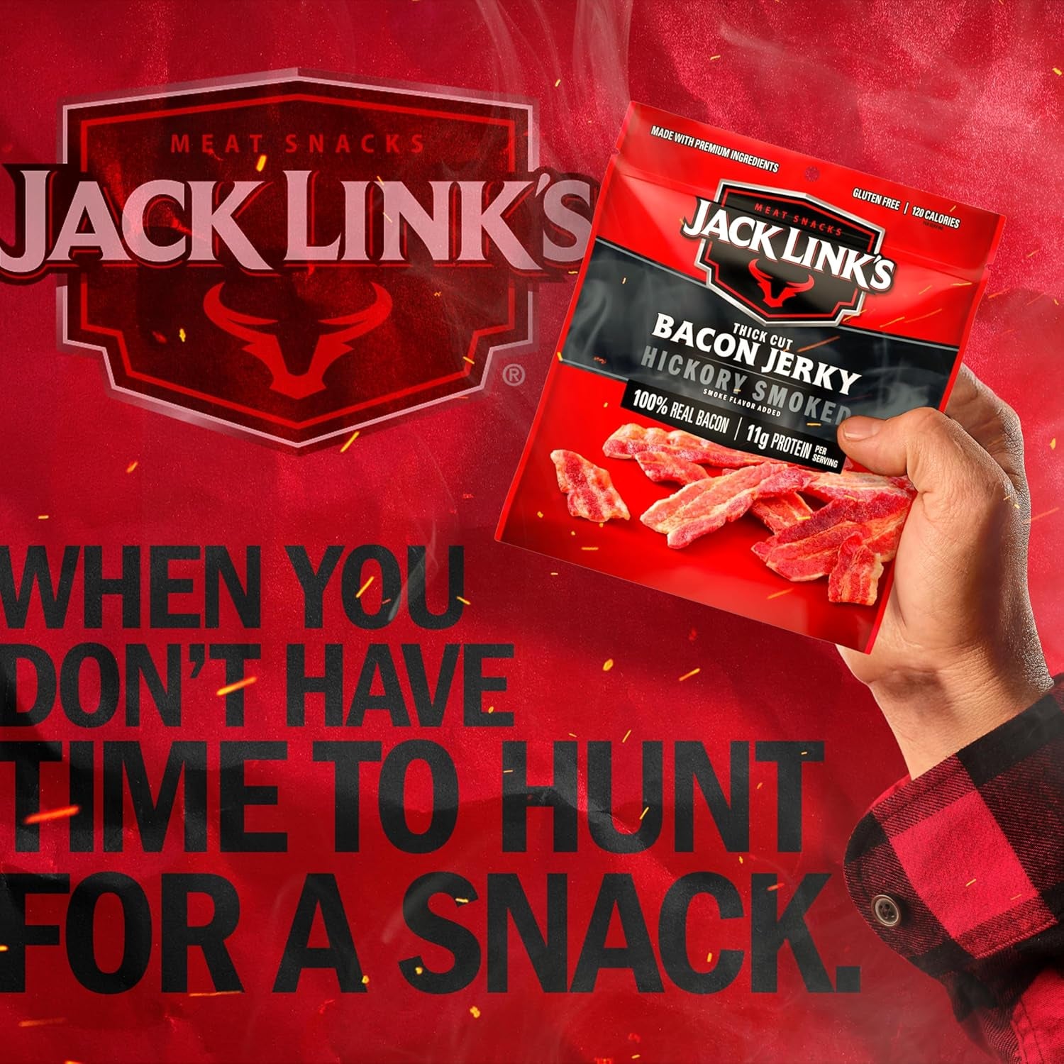 Jack Link'S Hickory Smoked Bacon Jerky - 2.5 Oz Bag - Ready to Eat Real Meat Protein Snacks - 11G Protein per Serving - Made with 100% Thick Cut Real Bacon