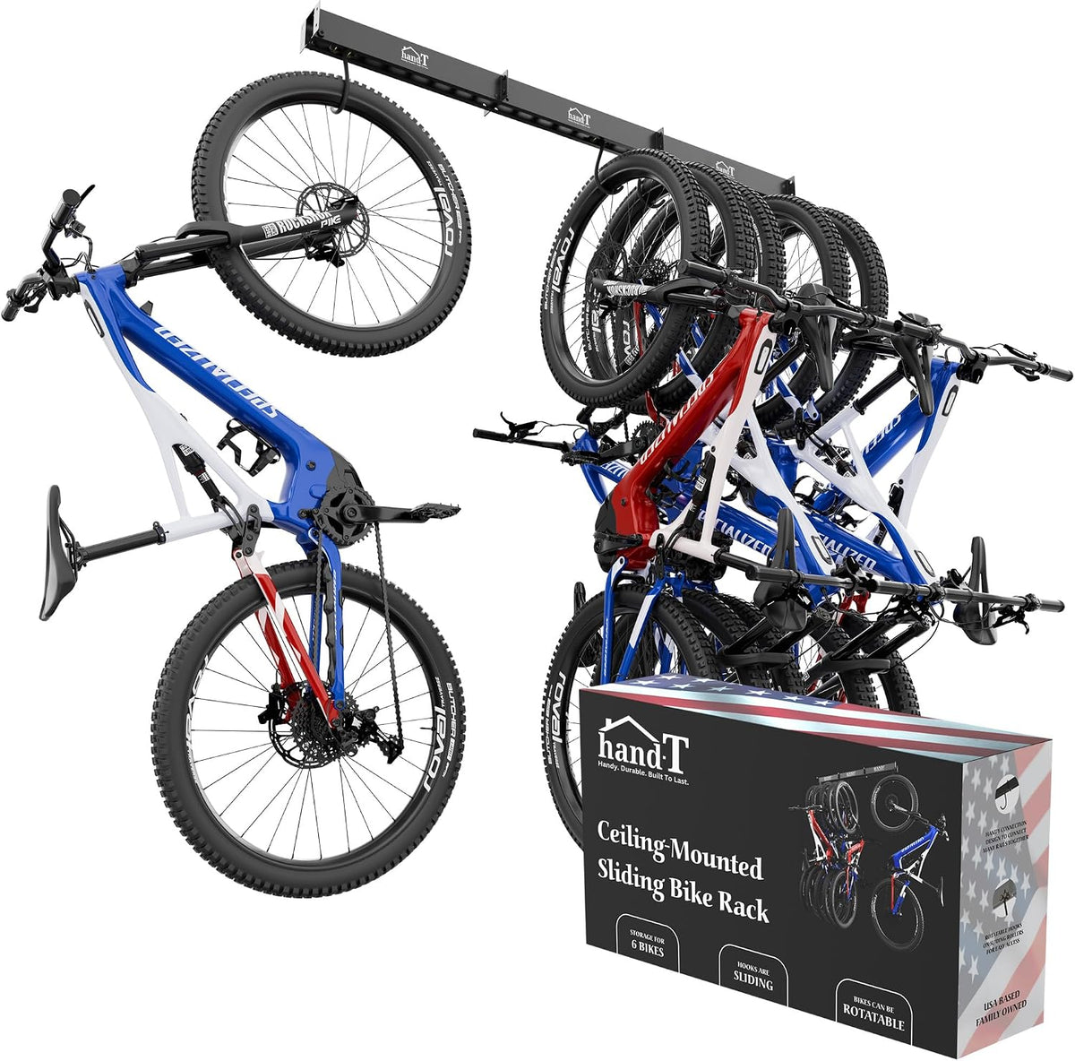 USA Based Ceiling Bike Rack Garage Storage Mount, Bicycle Hanger for up to 6 Bikes, Sliding 51" Heavy Duty Hook Racks with Padded Hanging Mounts, Hooks Hangers (Black, 3 Rails - 6 Hooks)