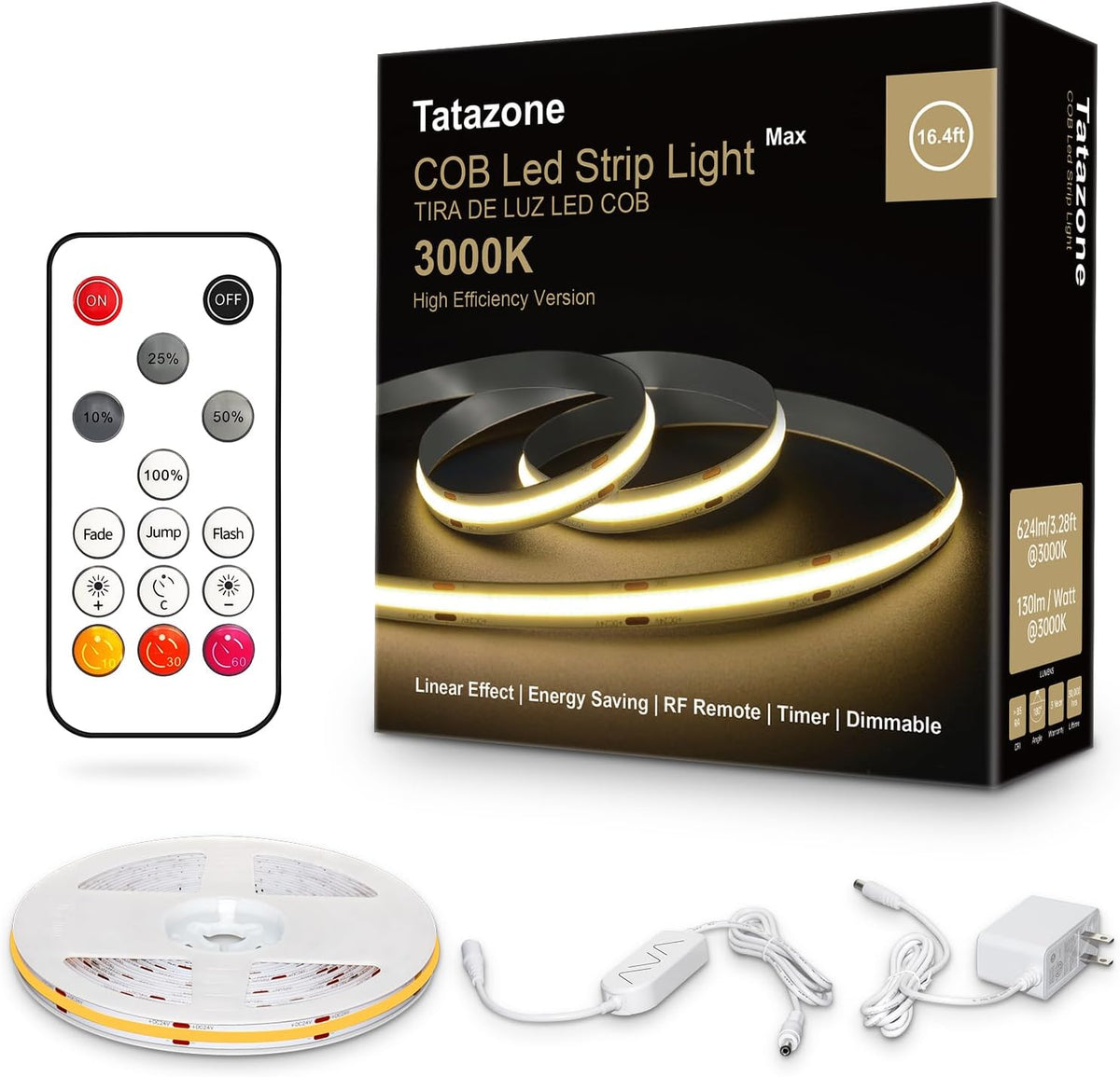 Tatazone 3000K 16.4Ft White COB Led Strip Lights Max with RF Remote