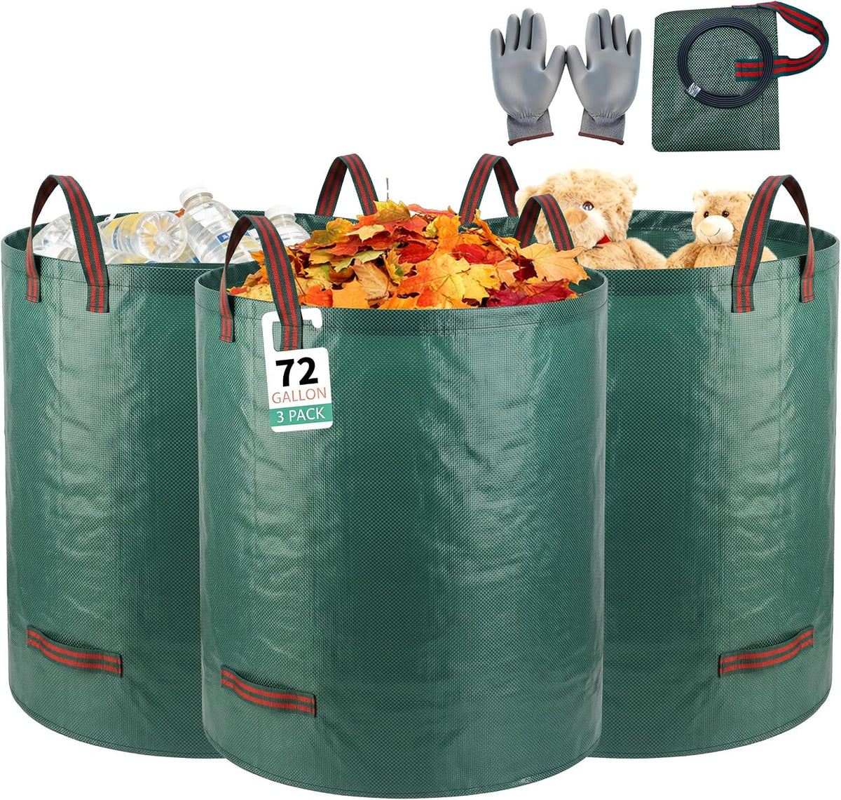 3Pack 72Gal Tear-Resistant Reusable Yard Waste Bags with Gloves