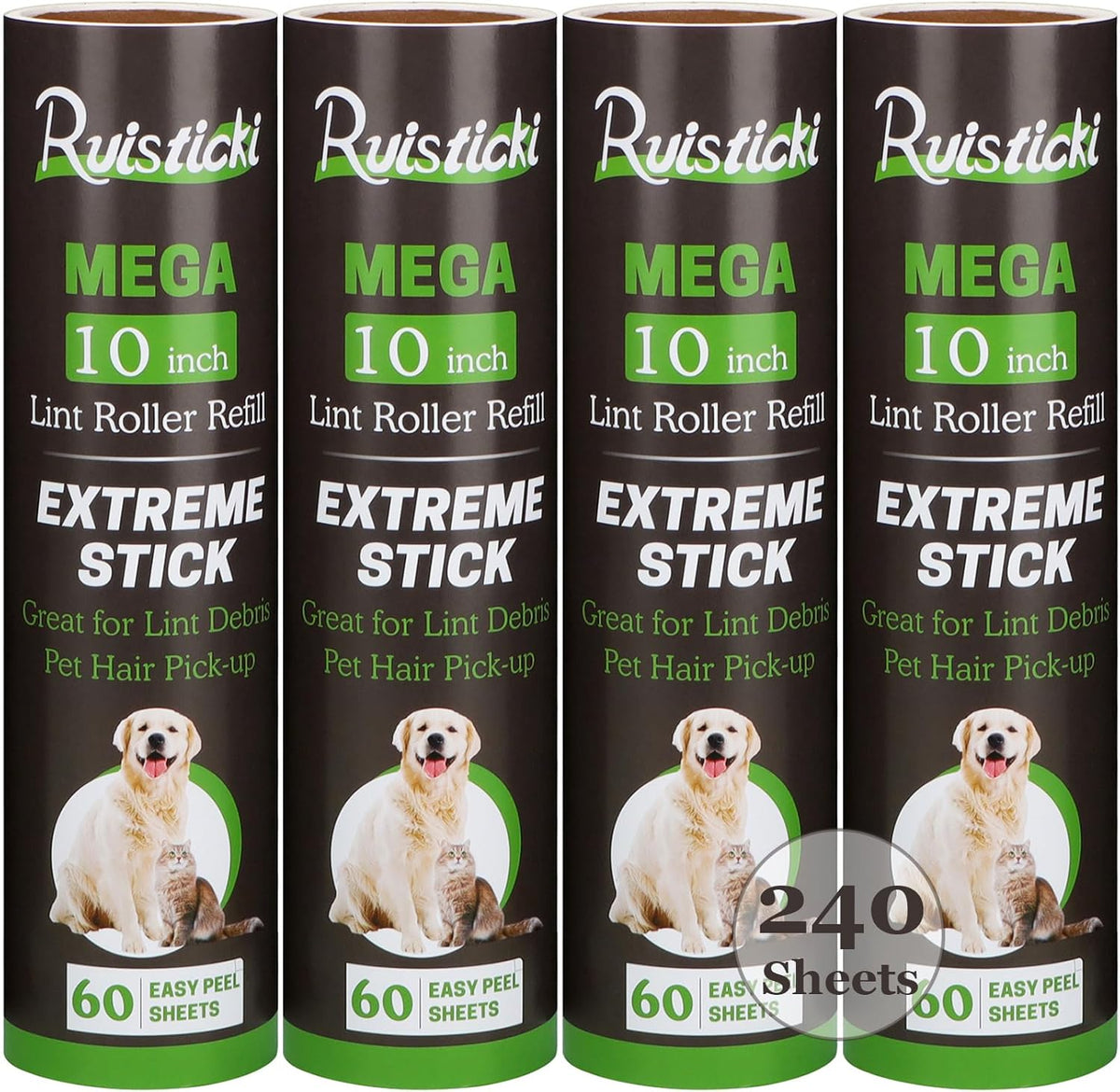 10 Inch Lint Roller Refill Compatible with Large Mega 10 in Wide Lint Rollers, Pack of 4 Refills, 60 Sheets per Refill, Total 240 Extreme Stick Sheets