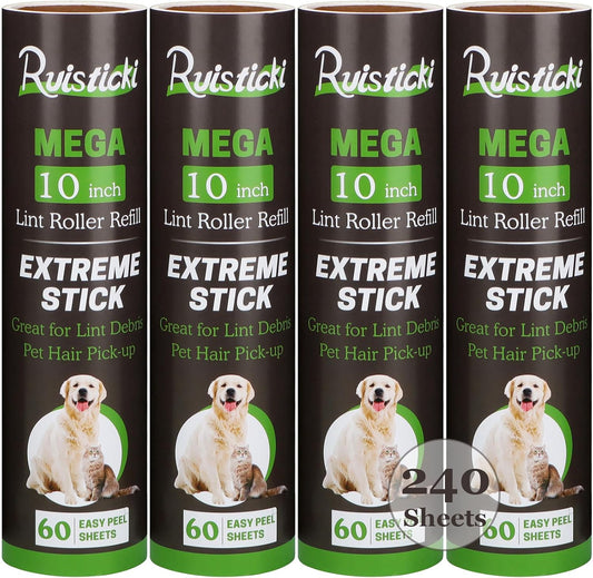 10 Inch Lint Roller Refill Compatible with Large Mega 10 in Wide Lint Rollers, Pack of 4 Refills, 60 Sheets per Refill, Total 240 Extreme Stick Sheets