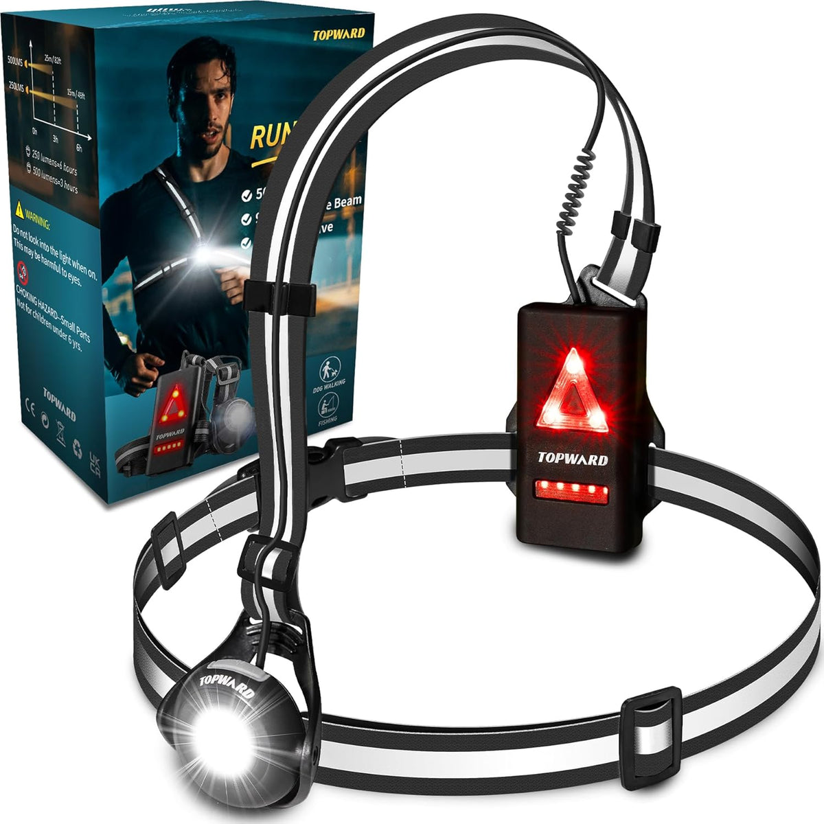 Topward Running Lights for Runners USB-C Rechargeable, Chest Headlamp with 500 Lumen Adjustable Beam, Safety Light for Walking Dog at Night