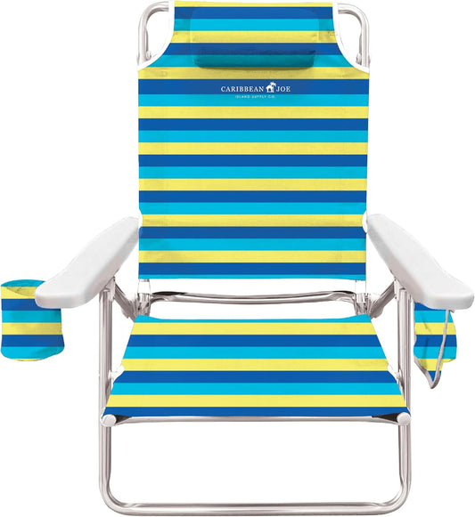 Caribbean Joe Folding Beach Chair, 5 Position Lightweight, Portable Reclining Outdoor Camping Chair with Headrest, Shoulder Strap, and Cup Holder, Bold Stripe