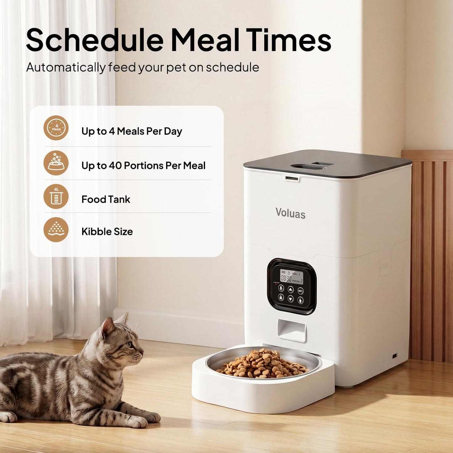 VOLUAS Automatic Cat Feeders - Timed Pet Feeder for Cats and Dogs with Dry Food Dispenser, Desiccant Bag, Programmable Portion Control, 4 Daily Meals, 10S Voice Recorder
