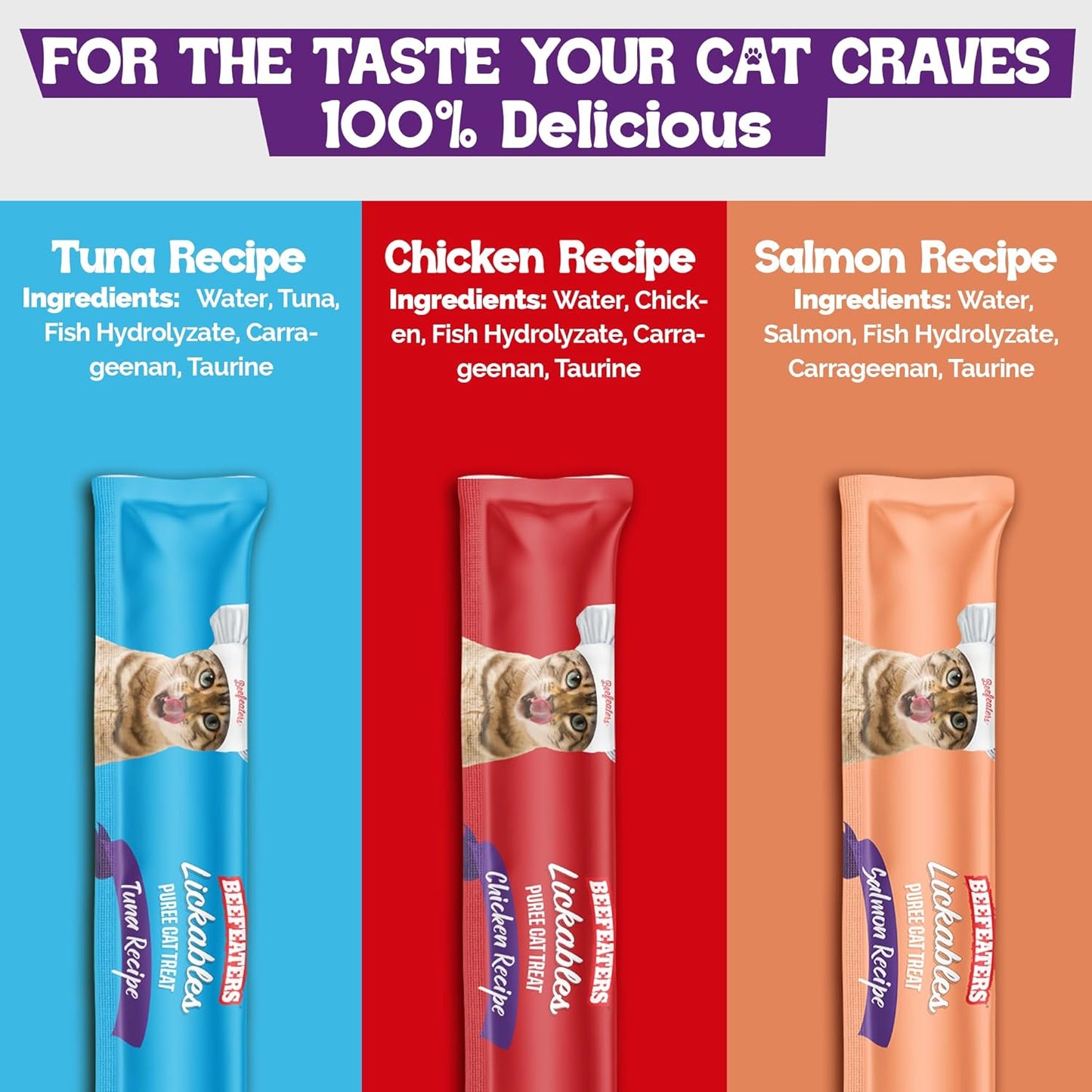 Beefeaters Wet Cat Treats Lickable 48 Count Puree Variety Pack - Salmon Tuna Chicken for Hydration & Training, Grain Free Taurine Enriched High Moisture, Lickable Cat Treats Squeeze up for Picky Eater