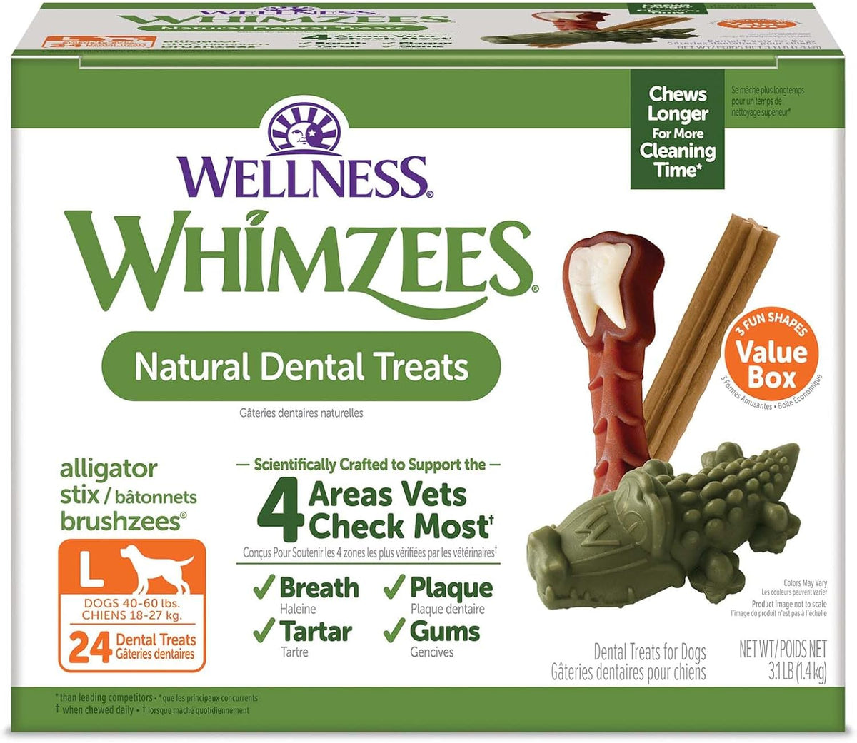 Wellness WHIMZEES Value Pack Natural Dog Dental Treat, Chews, Freshens Breath, Large Size, 50.9 Oz Box, 24 Count
