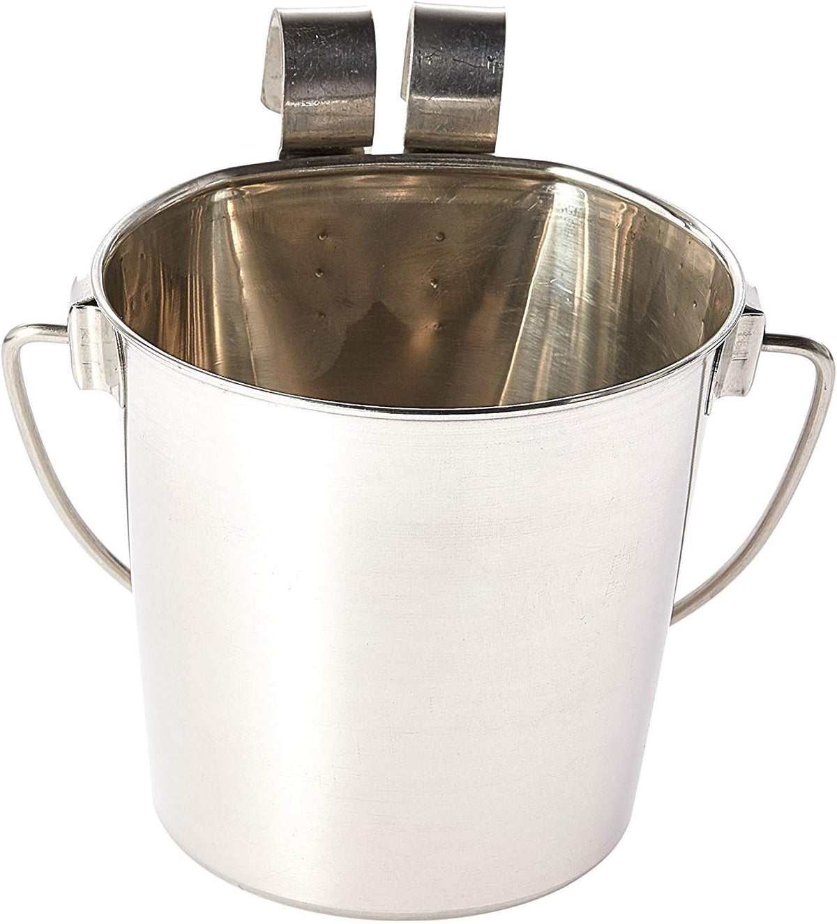 Indipets Heavy Duty Stainless Steel Flat Sided Pail with Hooks - 1 Quart - Lays Flat against Dog Kennel, Crate or Fence
