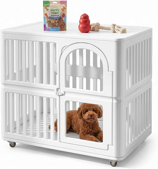 Plastic Dog Crate with Wheels, Single Door Indoor Outdoor Dog Kennel with Clear Acrylic Window, Ventilated, Easy Clean & Easy Assemble Pet Cage for Small/Medium Dogs