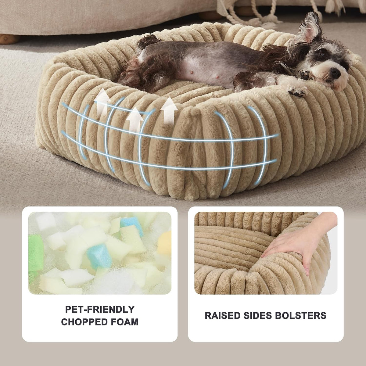 FURTIME Dog Bed for Small Dogs, Washable Orthopedic Dog Bed with Removable Cover, Rectangle Soft Calming Sleeping Puppy Bed Durable Pet Cuddler with Anti-Slip Bottom, Beige, S (20"X19"X6")
