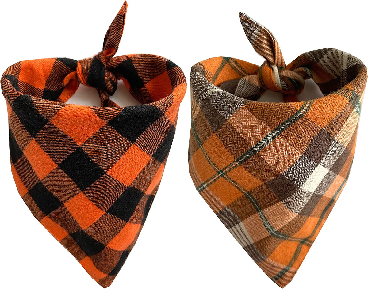 Fall Halloween Dog Bandanas 2 Pack, Orange Plaid Pet Scarf for Boy and Girl, Premium Durable Fabric, Holiday Thanksgiving Bandana for Medium and Large Dogs (Large)