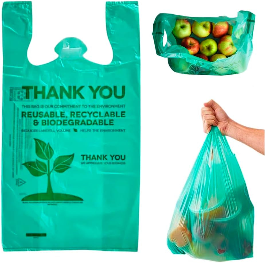 Pack of 200 T-Shirt Bags with Handles 22" X 12" Green Biodegradable Plastic Shopping Thank You Bags for Supermarket Groceries Retail Store Restaurant Small Business and on the Go Use