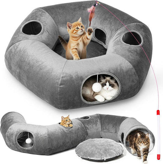 Cat Tunnel, 11.5" Large Cat Tunnel Bed for Indoor Cats, Foldable Plush Pet Donut Tunnel & Wand Toy, Peekaboo Cat Play Tunnel for Large Cats, Kittens, Rabbits - Grey