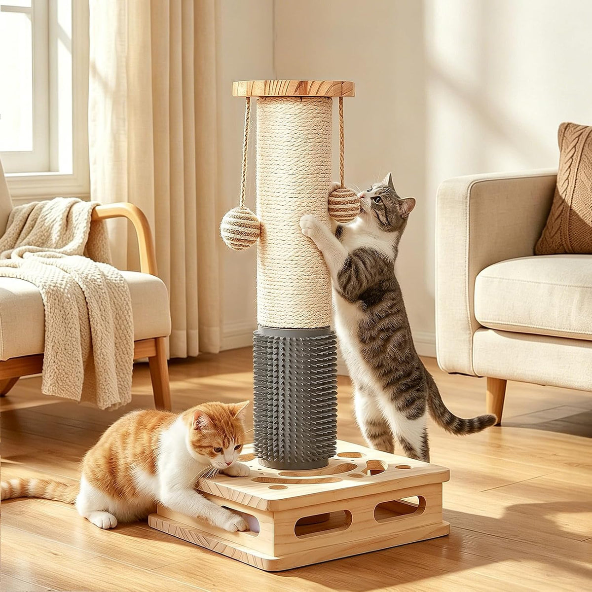 20.5 Inch Cat Scratching Post, 4-In-1 Interactive Maze Base with Cat Self Groomer, Natural Pine Wood & Premium Sisal Scratching Pole, Anti-Slip Detachable Design for Indoor Cats