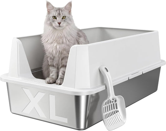 XL Stainless Steel Cat Litter Box with Plastic Enclosure & Scoop | Large Size,High Sided,Easy Clean, Odor Control,Non Stick, Anti-Leak,Open Top