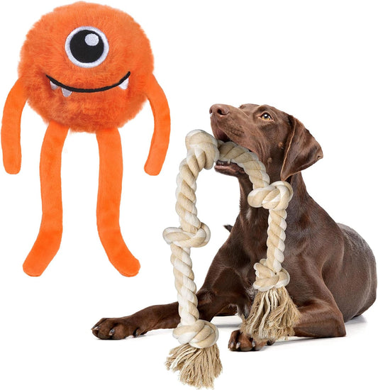 Fida Dog Rope Toys and 3 in 1 Monster Dog Chew Toys Set, Squeaky Dog Toys for Large Dogs, Interactive Dog Toys to Keep Them Busy, Dog Ball for Small, Medium and Large Dogs(Large, Orange)
