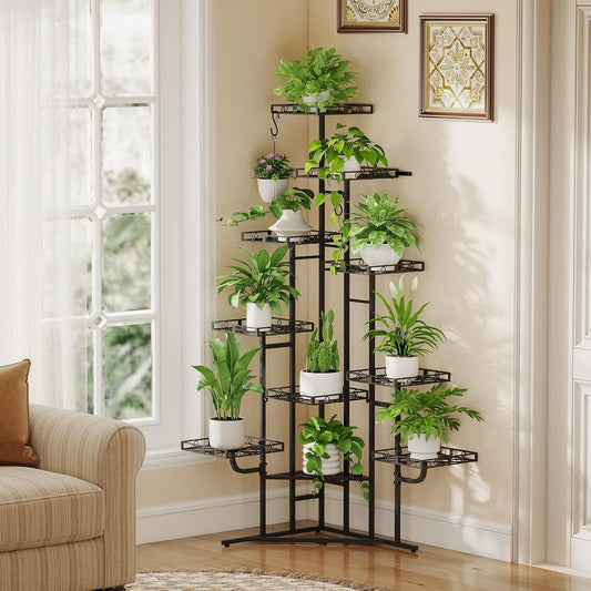 Quikraen 58" Tall Plant Stand Indoor,Multiple Tiers Corner Plant Shelf for Corner,10-Tier Large Metal Flower Holder, Plant Rack for Home Decor, Patio (Black)