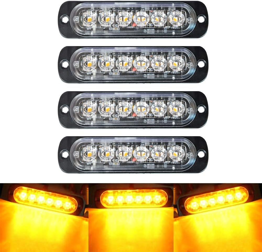SEISSO 4-Pack 6 LED Amber Strobe Lights Vehicles Trucks Emergency Strobe Lights Kit 12V -24V Warning Hazard Flash Strobe Lights Bar Grill Grille Surface Mount Super Bright Waterproof