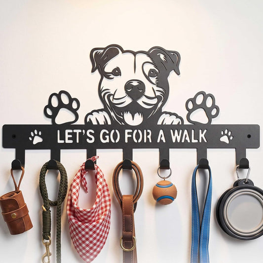 Metal 7‑Hook Pitbull Wall Dog Leash Holder, Pit Bull Dog Wall Art