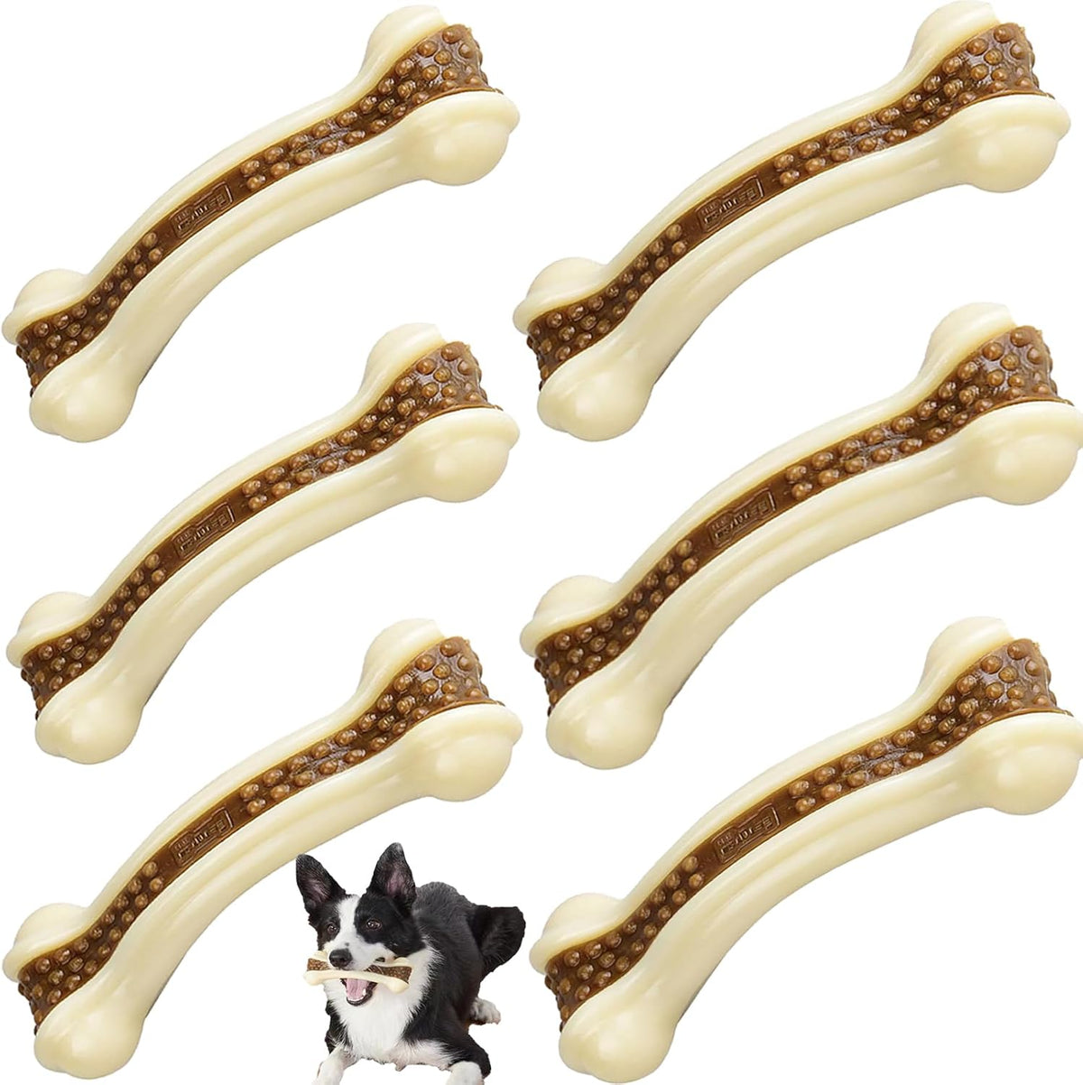6 Pack Dog Bones Chew Toys for Aggressive Chewers, Beef Flavor , All Breed