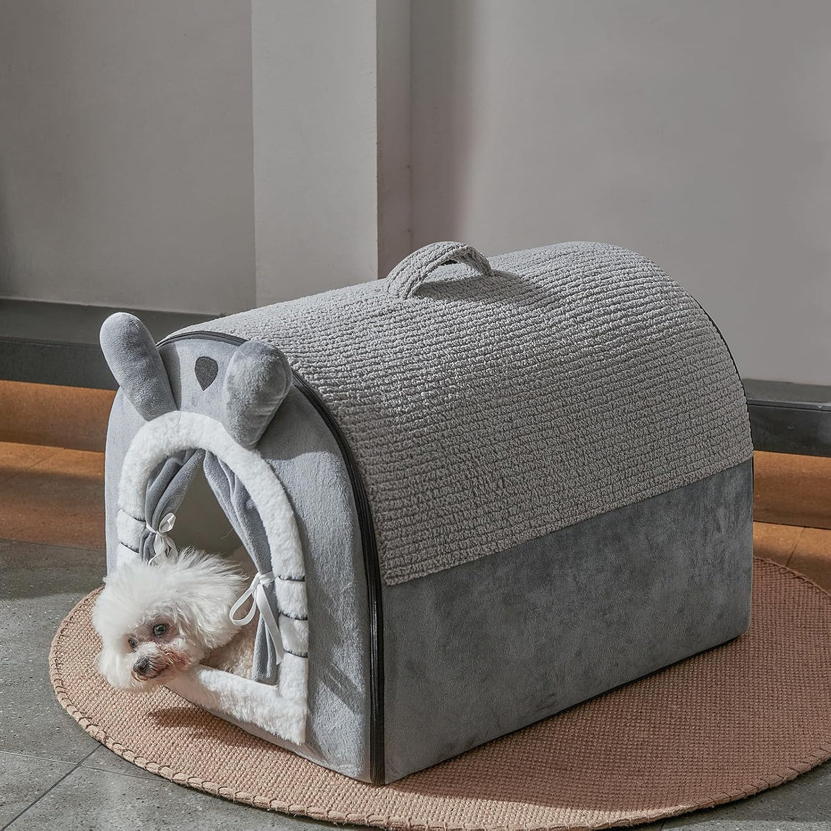 Small Dog House Indoor, Cat House with Door Curtain Design,Grey Puppy House