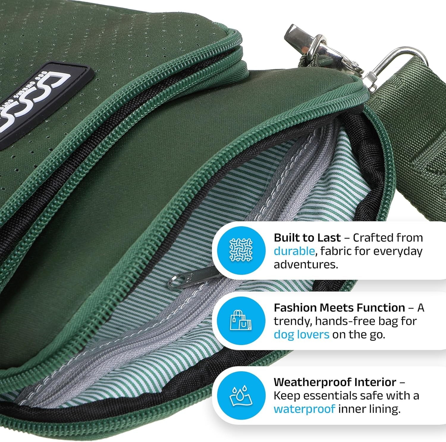 DOOG Neosport Walkie Bag - Lightweight Neoprene Dog Treat Pouch & Crossbody Shoulder Bag with Built-In Poop Bag Dispenser - Hands-Free Everyday Essentials - Green