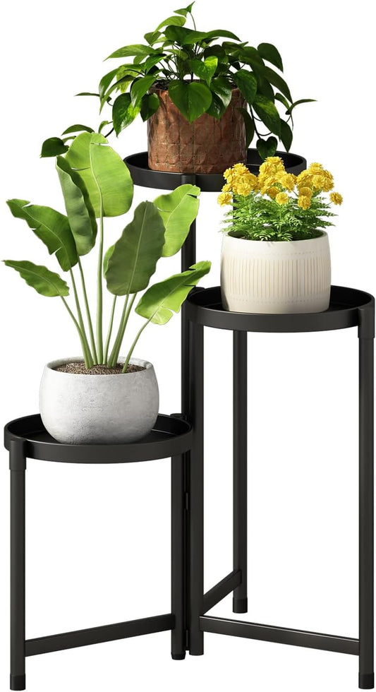 Plant Stand Indoor Outdoor-3 Tier Black Tall Metal Flower Pot Holder 9In Wide Potted Display Rack - Heavy Duty Corner Plant Shelf for Patio Garden Balcony Living Bedroom Room