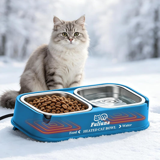 Heated Water Bowl for Cats in Winter, 56 OZ Outdoor Heated Cat Bowl with Raised Brackets to Protect Pet'S Neck, Heated Dog Bowl with 2 Stainless Steel Bowl, Automatic No Freeze, anti Chew Cord