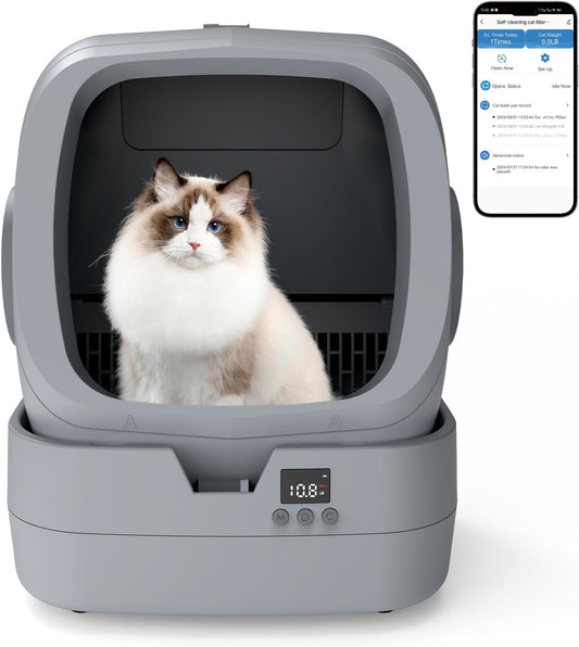 UPFAS Automatic Cat Litter Box Self Cleaning - APP Control - Weight Monitoring - Ultra-Quiet, Medium Cats and Kittens Litter Box, Safe Anti-Pinch【Assembly Required】- Grey