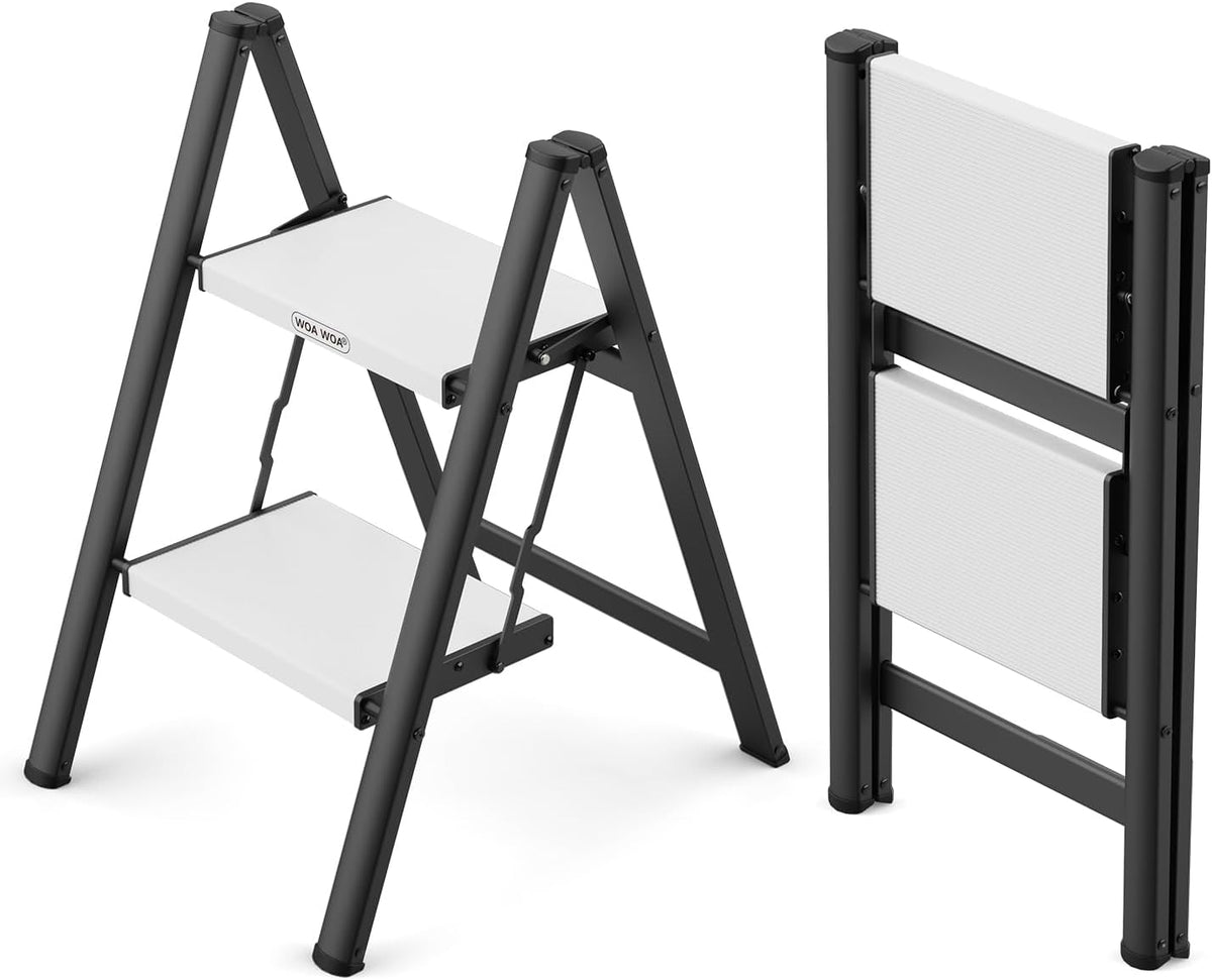 WOA WOA 2 Step Ladder, Foldable Step Stool, 300Lbs Load, Black & White