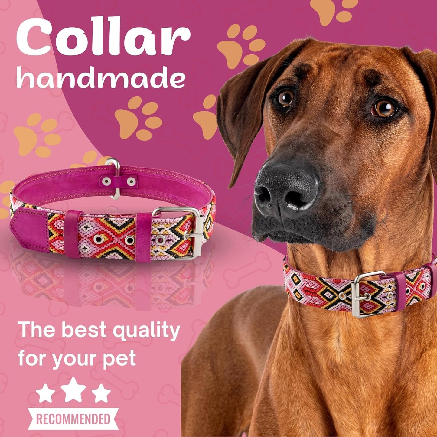 Leather Western Dog Collar - Embroidered, Handmade, Blue Pink, Medium Large, Cute, Collar Para Perros (Rose Blush)