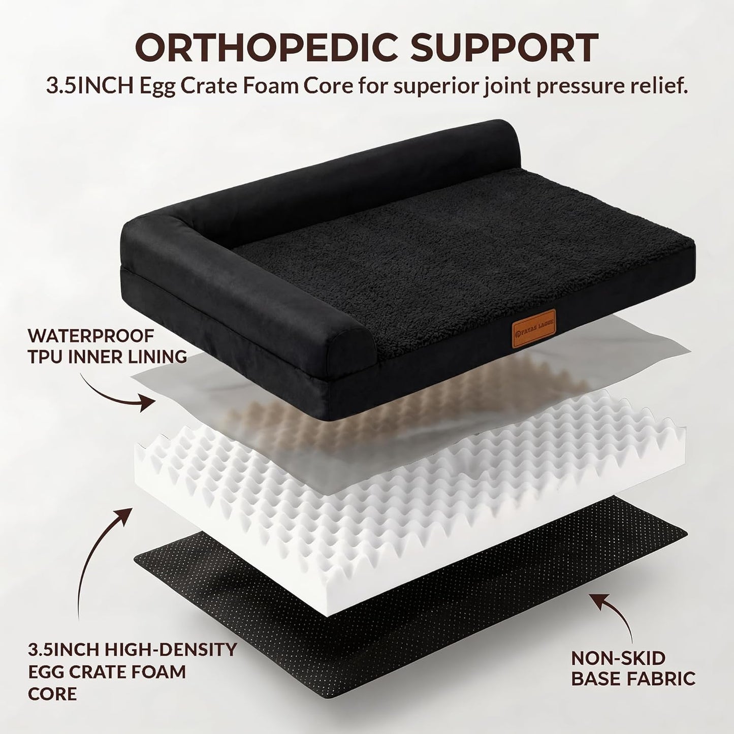Patas Lague Orthopedic Dog Bed Large Sized Dog 36''X24'', Waterproof L Bolster Medium Pet Sofa Beds with Removable Washable Cover, Soft Comfortable Pet Couch Crate Mat with Nonskid Bottom, Black