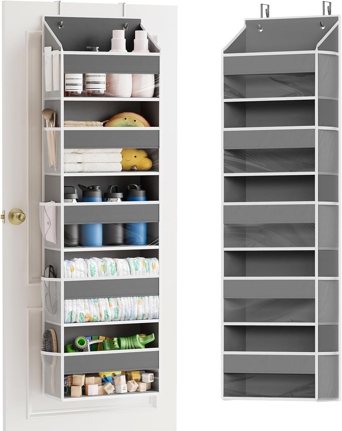 Spaceaid 1 Pack over the Door Organizer with 5 Large Pockets and 10 Mesh Side Pockets, 5 Layers Door Organizer Hanging with Clear Window for Bedroom, Bathroom, Pantry and Nursery, Gray