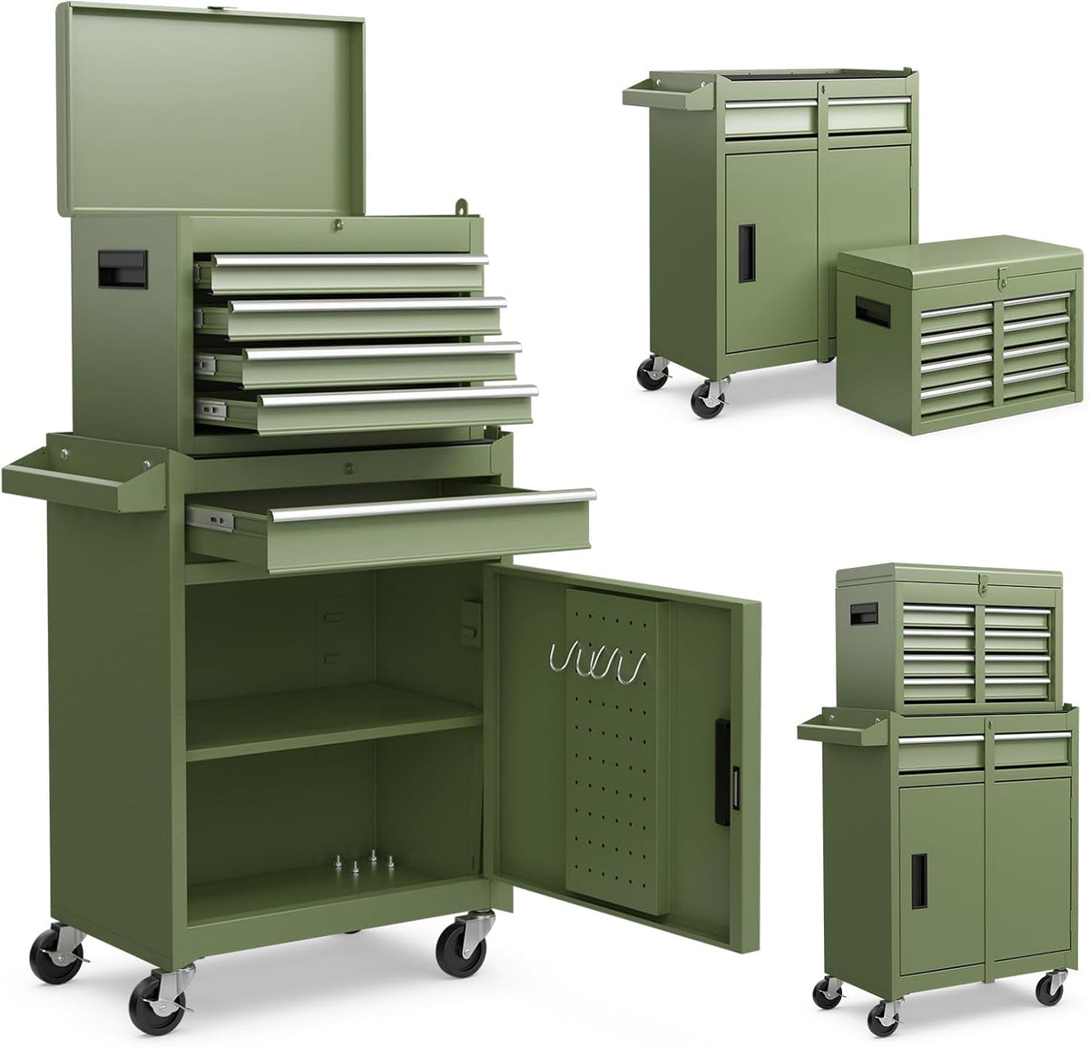 ERGOMASTER 5-Drawer Rolling Tool Cabinet with Detachable Top Toolbox, Lockable Wheels, Lock Bar, Protective Liner & Tool Rack, Metal Tool Storage Cart for Garage Workshop-Green