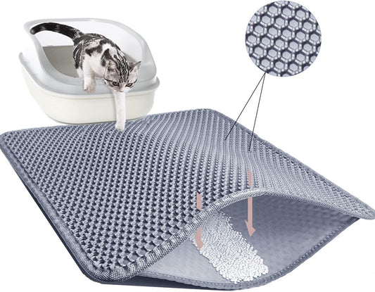 Cat Litter Mat 30"X24" Double Layer Waterproof & Non-Slip - Honeycomb Washable EVA Large Litter Mat for Scatter Control, Urine Proof Litter Trapping Mat for Litter Box(Light Grey)