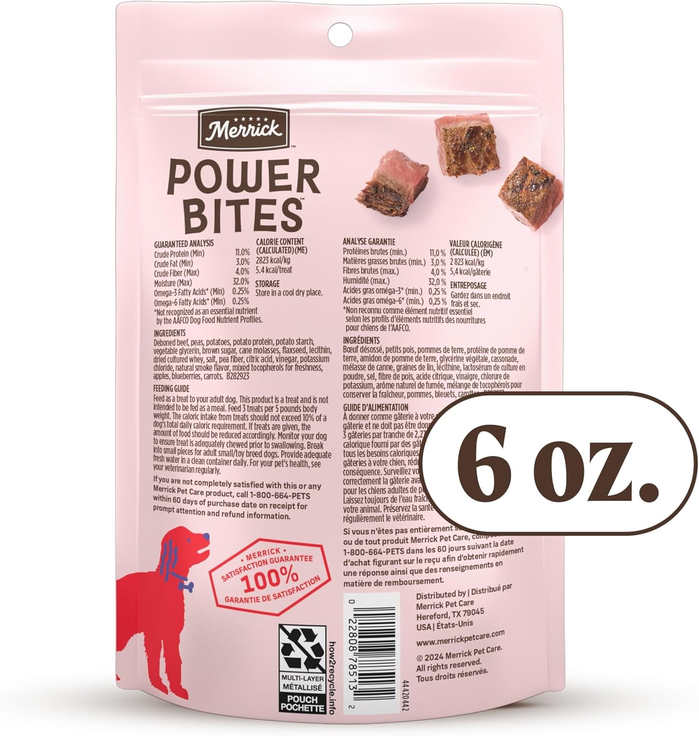 Merrick Power Bites Natural Soft and Chewy Real Meat Dog Treats, Grain Free Snack with Real Beef Recipe - 6 Oz. Bag