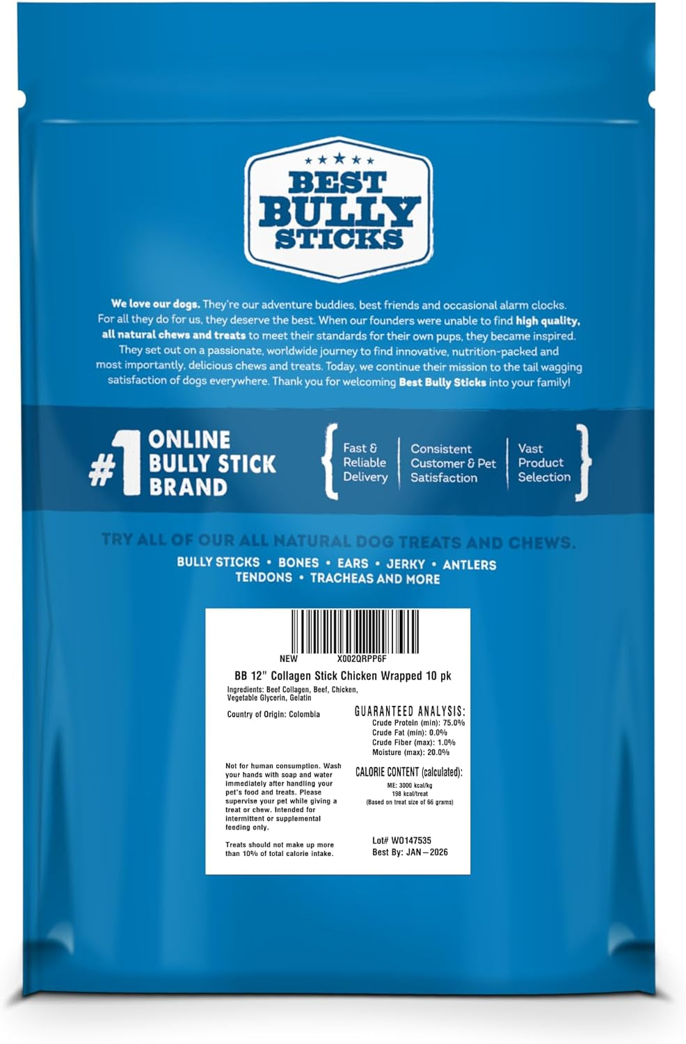 Best Bully Sticks Chicken Wrapped Beef Collagen Sticks - 12 Inch 10 Count (Pack of 1) - Natural, USA Baked and Packed, Easily Digestible, Limited Ingredient, Rawhide Alternative