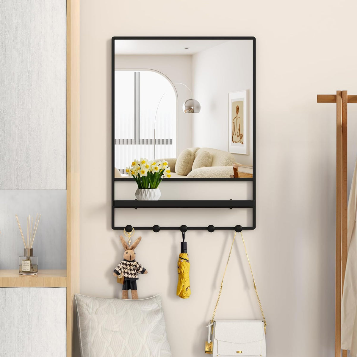 Wall Mirror with Shelf and Hooks,Bathroom Vanity Mirror with Hooks, 21 X 28 Inch Metal Framed Decorative Mirror with Shelf for Entryway, Bedroom, Living Room (Black, 21" X 28")
