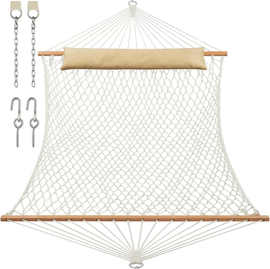 Joyview Traditional Rope Double Hammock - Hand Woven Cotton Hammock with Hardwood Spreader Bar and Pillow 450Lb Capacity for Outdoor Indoor Patio Yard - Natural