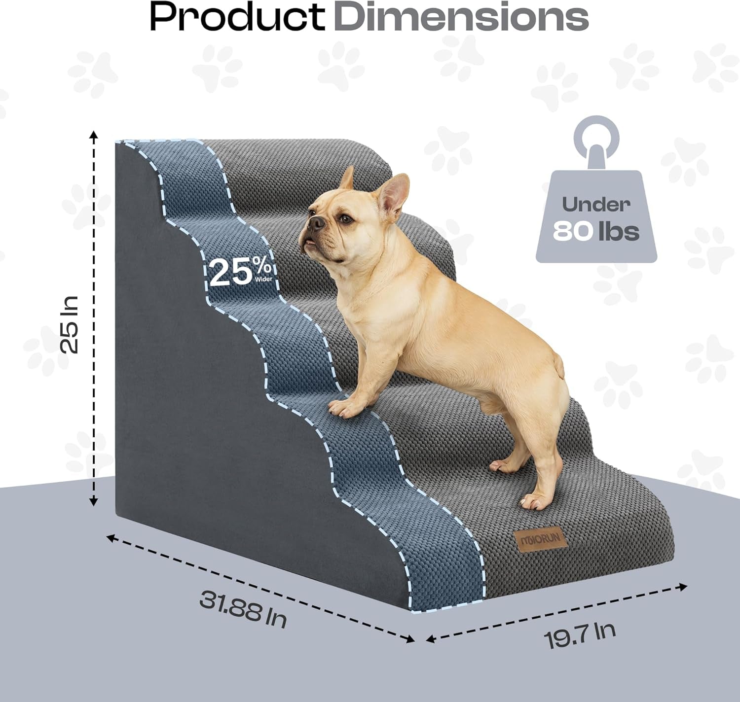 Extra Wide Dog Stairs for Large Dogs up to 80Lbs, 25" Pet Steps for High Bed with Washable Cover, 5-Step Foam Bed & Couch Ladder for Small Medium Dogs & Senior Cat, Gray