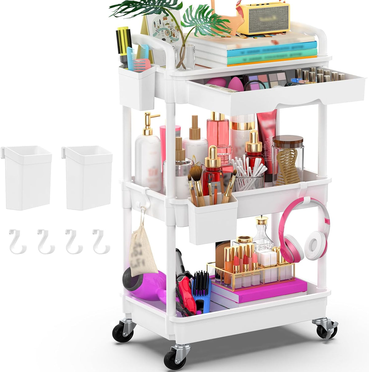 Goovilla 3 Tier Rolling Utility Cart Organizer with Removable Drawer, White