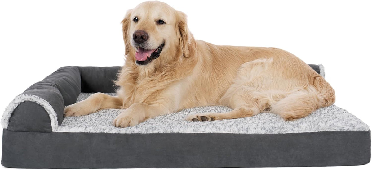 Furhaven Orthopedic Dog Bed for Large Dogs W/ Removable Bolsters & Washable Cover, for Dogs up to 95 Lbs - Two-Tone Plush Faux Fur & Suede L Shaped Chaise - Stone Gray, Jumbo/Xl