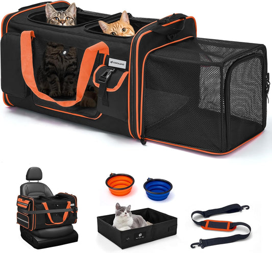 Odoland Expandable Cat Carrier for 2 Cats with Litter Box, Large Soft Sided
