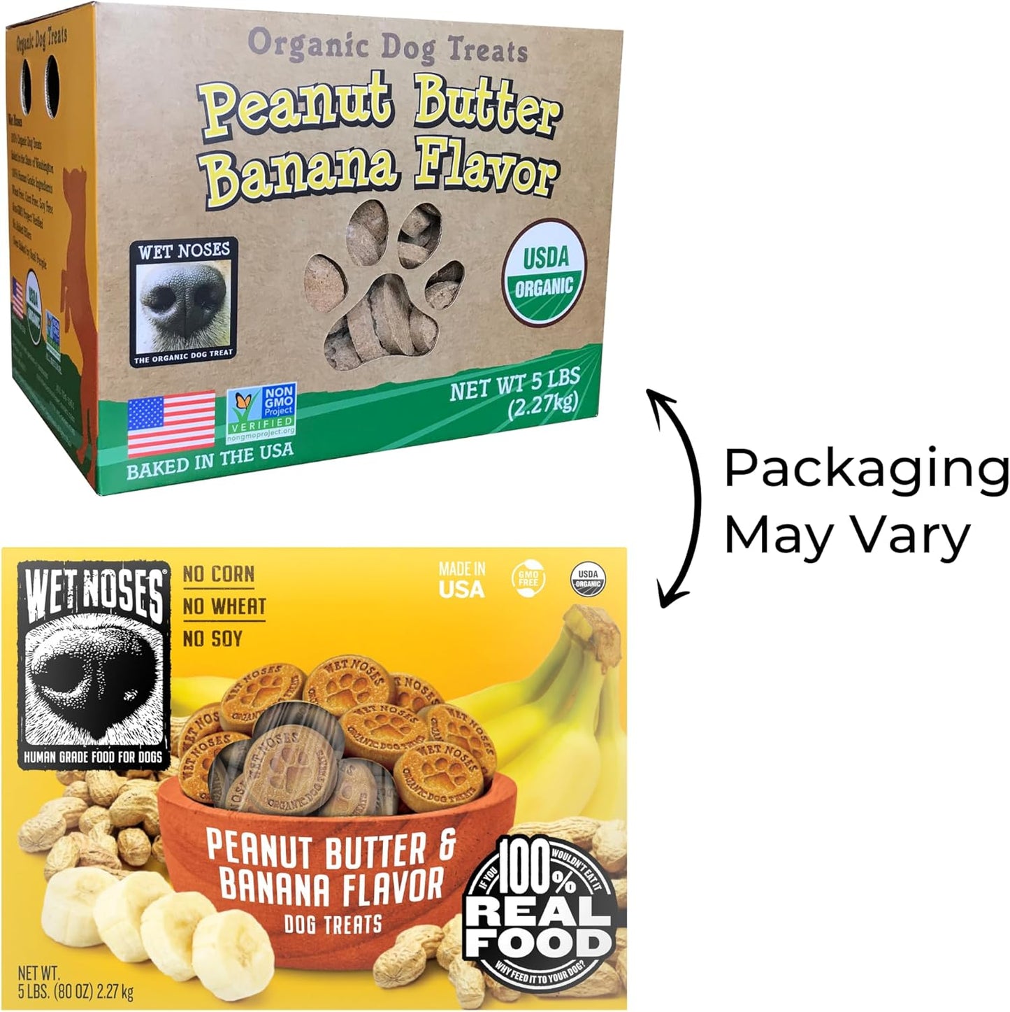 Wet Noses Organic Crunchy Dog Treats – for All Pet Sizes, Breeds – Senior Dog Snack – 100% Human-Grade – Delicious Chews for Dogs – Grain-Free Peanut Butter & Banana, 5 Lb. Package May Vary.