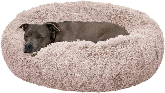 Furhaven 36" round Calming Donut Dog Bed for Large/Medium Dogs, Refillable W/ Removable Washable Cover, for Dogs up to 75 Lbs - Shaggy Plush Long Faux Fur Donut Bed - Taupe, Large