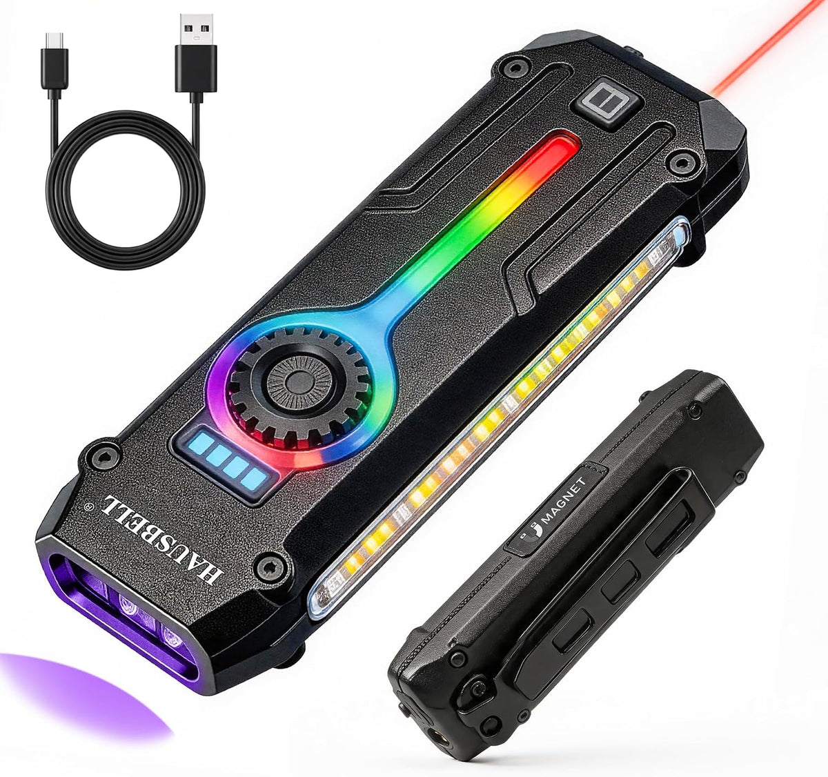 HAUSBELL UV Flat EDC Flashlight Rechargeable, 365Nm Black Light & Red Laser Pointer, Slim Pocket Light 1800 Lumens, Stepless Dimming, Side-Cob Flood, Magnetic Base for Outdoor, Car Repairing, Gifts