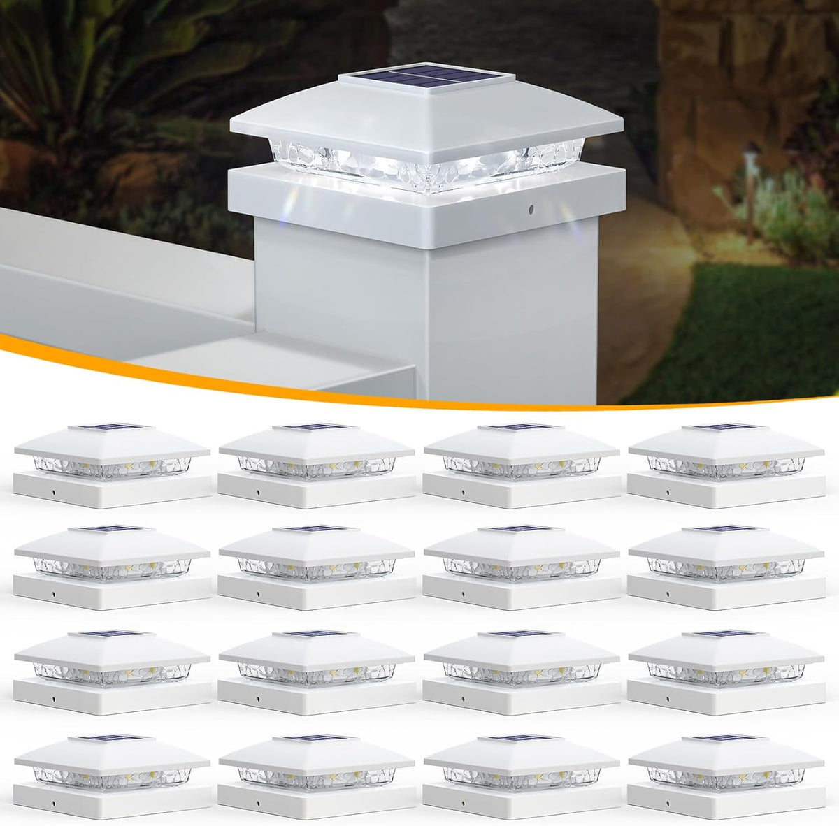 APONUO Solar Post Cap Lights for 4X4 5X5 Posts - IP64 Waterproof, 6500K LED, No-Wire Fence Lights & Deck Lights for Patio Garden Yard Patio, White-Cool White, 16 Pack