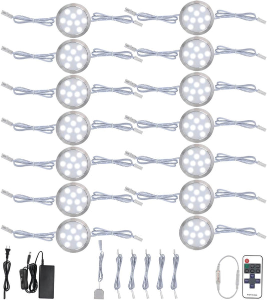Direct Wired under Cabinet LED Puck Lighting Kit, Linkable and Wireless Remote Control Dimmable Accent Lighting, 120Vac Electric Wall Plug to 12V Display Case Light, 14 Lights, Cool White