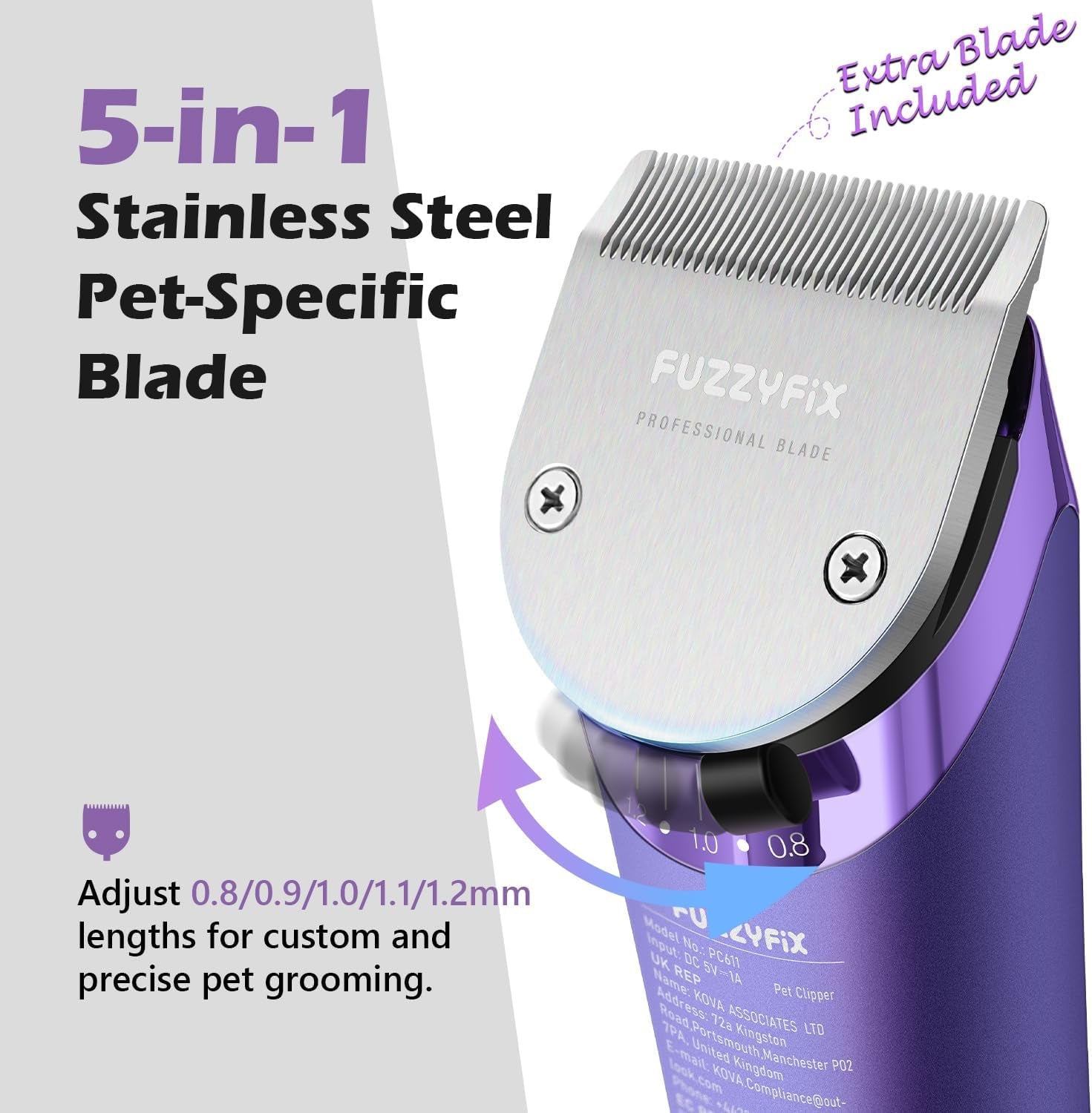 Professional Dog Grooming Clipper with Replacement Blade, 5-In-1 Adjustable A5 Blade Cordless Pet Grooming Kit 2 Speed Trimmer Hair Shaver with Detachable Metal Combs Nova for Animal Horse